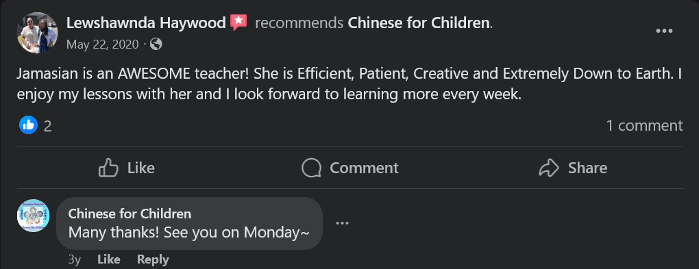 Adult student of Chinese class Facebook review
